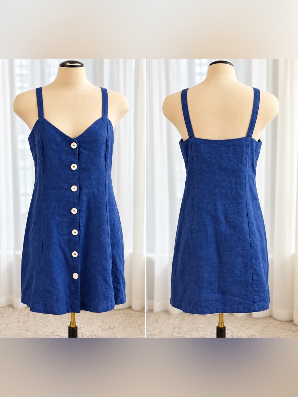 ZARA Woman Blue Linen Button Front Mini Dress Size L Made in Portugal
